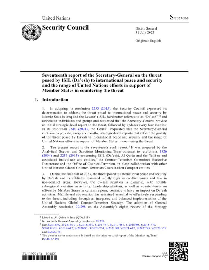 Seventeenth report of the Secretary-General on the threat posed by ISIL (Da’esh) to international peace and security and the range of United Nations efforts in support of Member States in countering the threat (S/2023/568) [EN/AR] – World